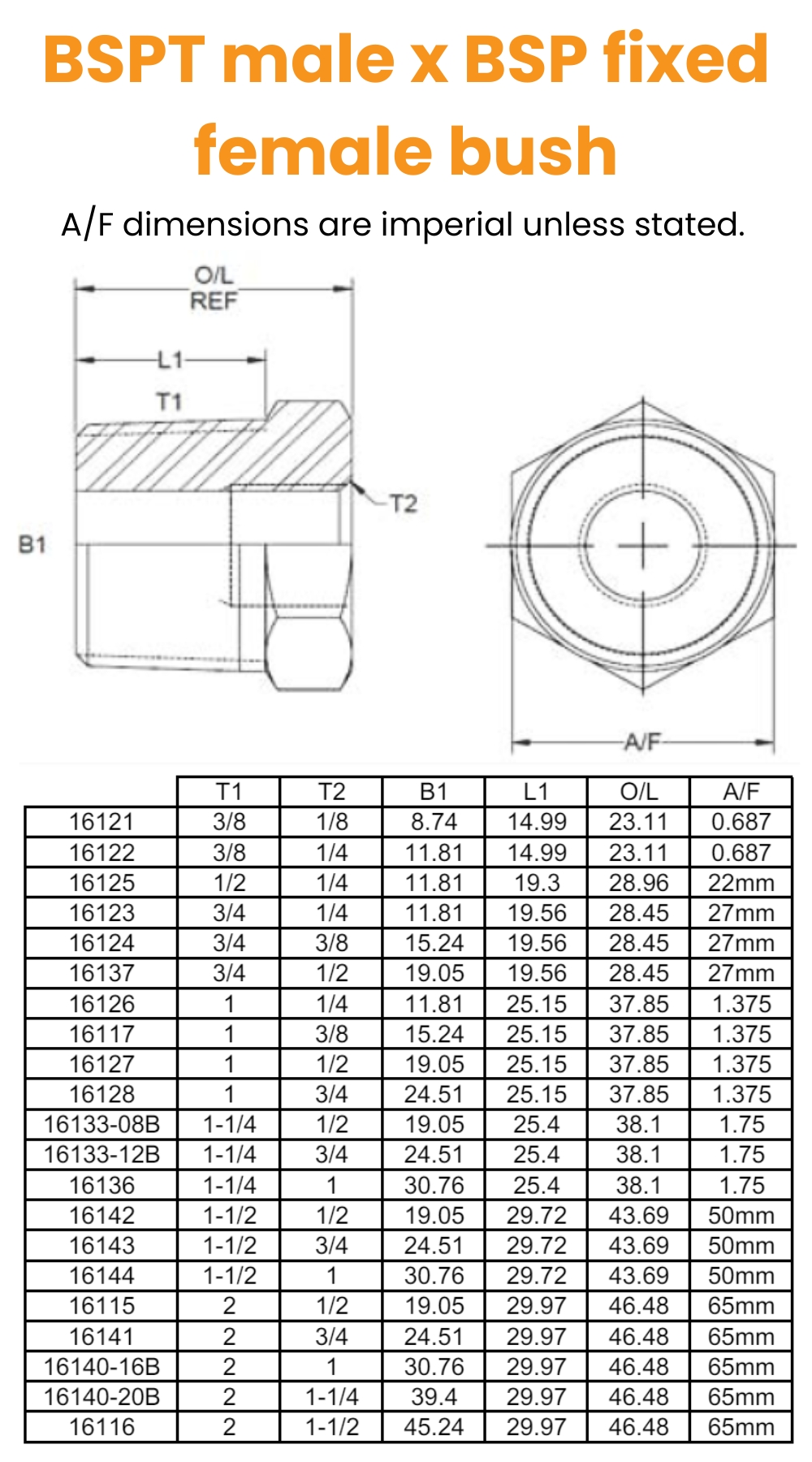 2 BSPT x 1/2 BSP M/Fix Fem Bush Hydraulic Adaptor